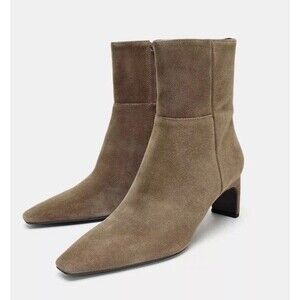 ZARA Split Suede Leather Kitten Heel Ankle Boots Taupe Gray Pointed Toe Size 9